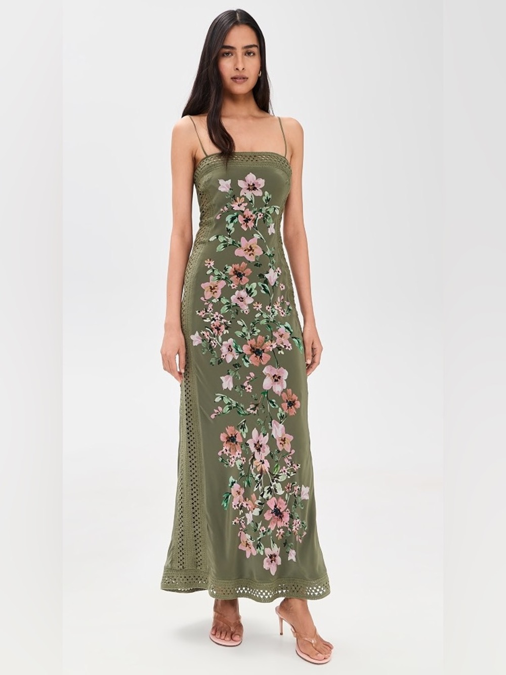 Bec & Bridge Olive Green Floral Slip Maxi Dress with Pink Blooms
